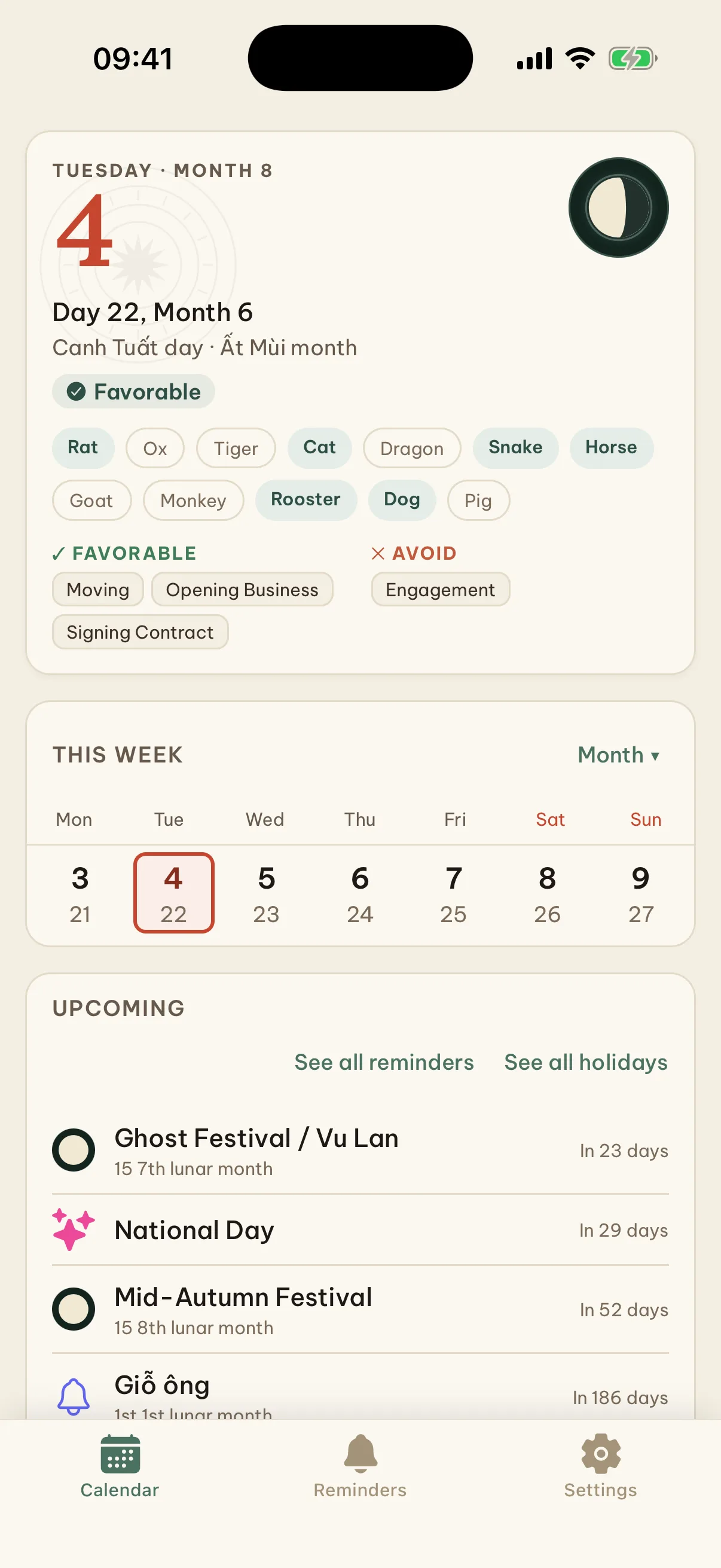 Lunar Xinh home screen: today's lunar date, can chi and auspicious hours
