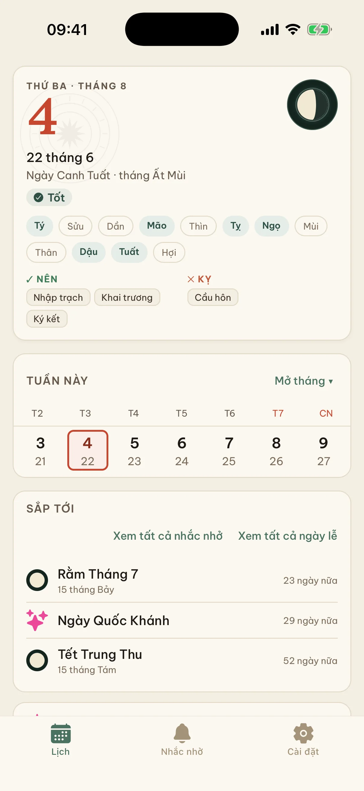 Màn hình chính Lunar Xinh: ngày âm, can chi và giờ hoàng đạo của hôm nay